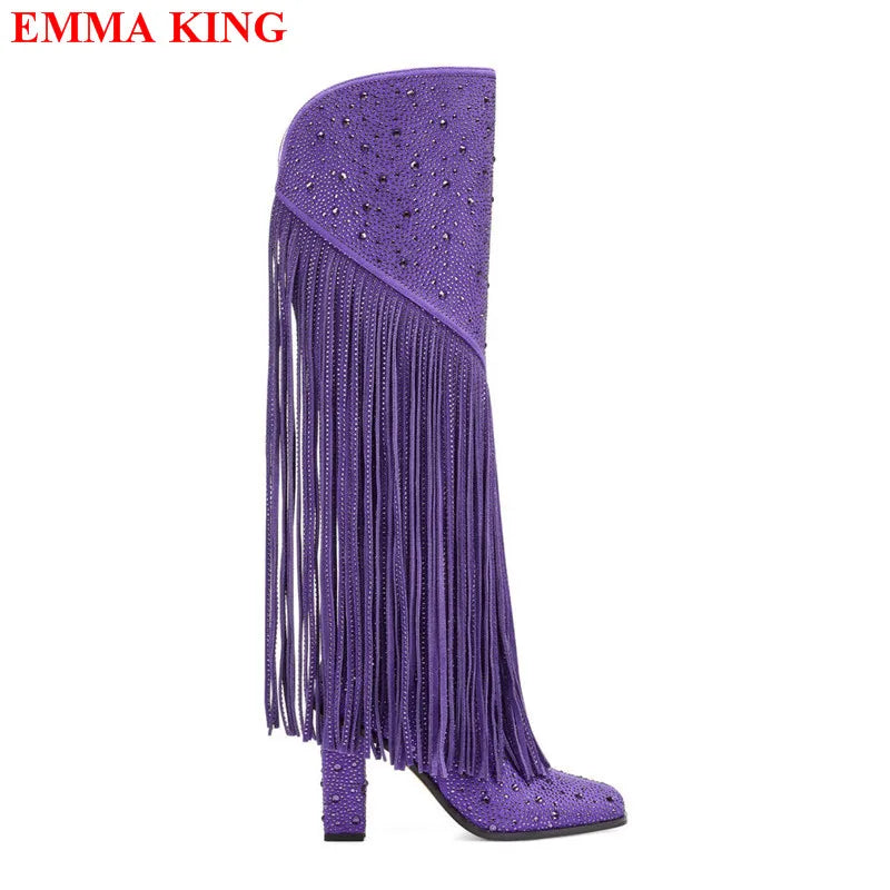 Nuovi stivali femminili con frange alte al ginocchio con strass Tacchi grossi di lusso Stivali lunghi da donna Moda Nappa Punta a punta Scarpe da festa Donna