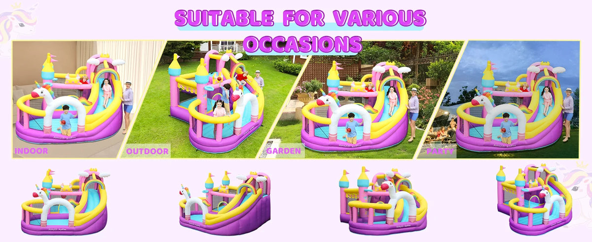 Inflatable Bounce House 5 in 1 Unicorn Wide Slide Jumping Castle for Kids Backyard Ball Pit Climbing Wall Basketball Hoop