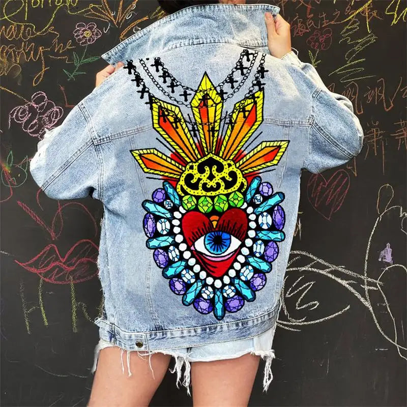Stylegiacca di jeans da donna 2024 nuova stampa da donna Fashion Street Girl giacca di jeans manica lunga con risvolto spalla scesa autunno e Wint