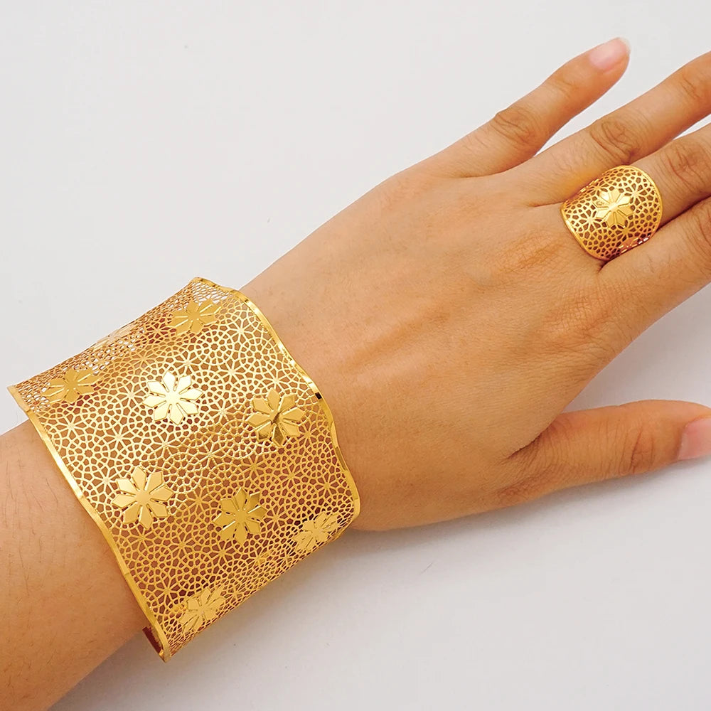 Bracciale color oro Dubai con anello per donna Bracciale con polsino a catena con ciondoli Bracciale indiano Arabo Francia Regali di gioielli da sposa