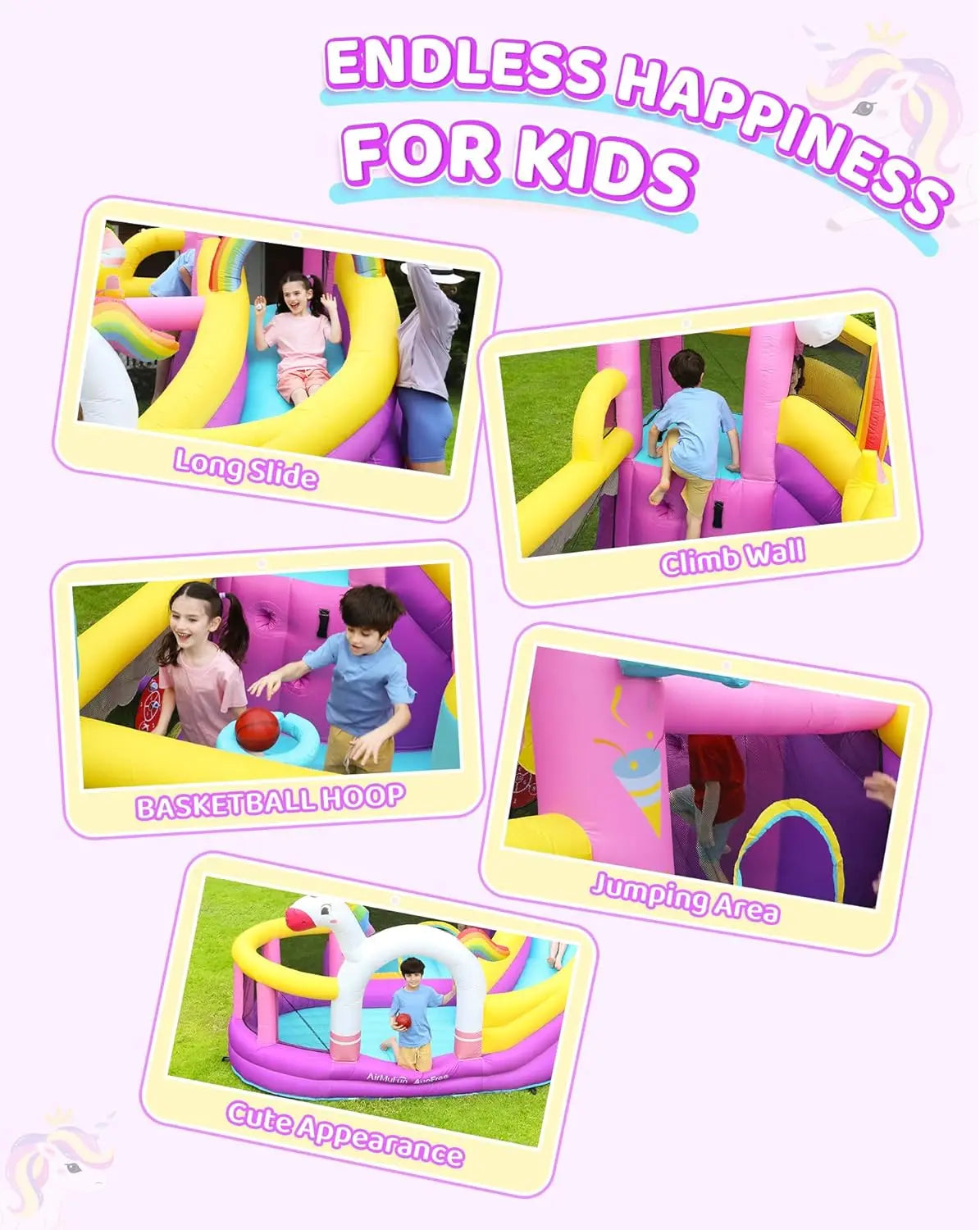Inflatable Bounce House 5 in 1 Unicorn Wide Slide Jumping Castle for Kids Backyard Ball Pit Climbing Wall Basketball Hoop
