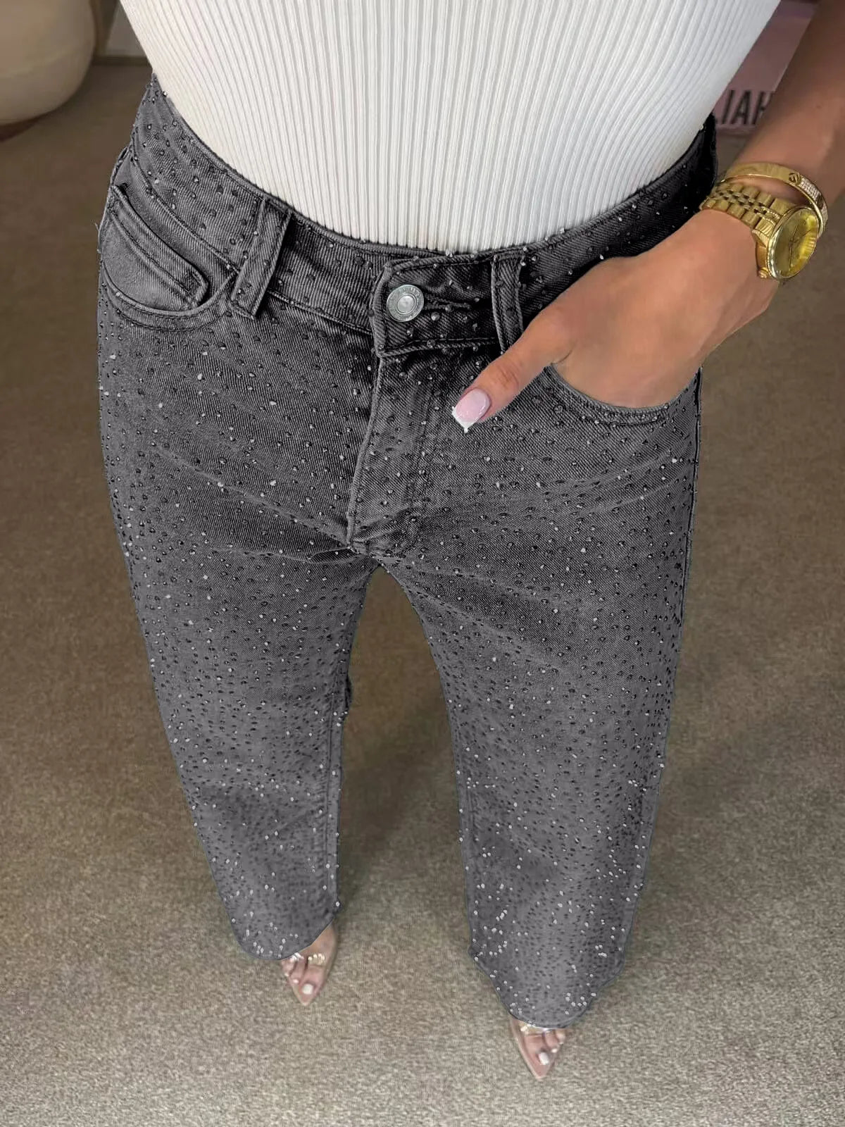 Pantaloni jeans con strass lucidi Pantaloni dritti in denim con diamanti da donna sexy a vita alta eleganti da night club