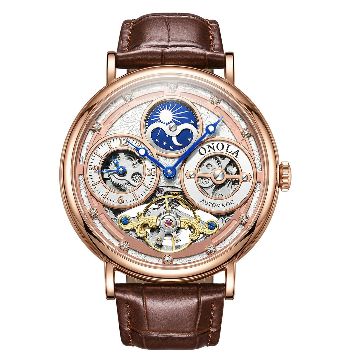 Orologio Meccanico da Uomo ONOLA, Cassa Rotonda, Quadranti Multipli, Quadrante Cavo con Fasi Lunari Giorno Notte, Regalo per Lui
