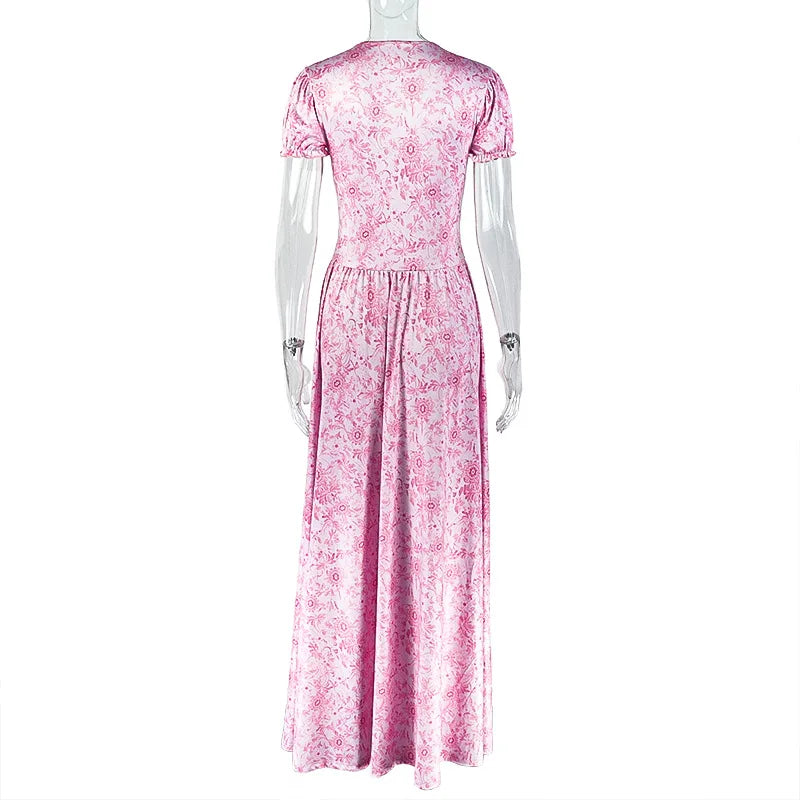Abito Lungo Stampato a Linea A, Elegante con Scollo a V e Maniche a Sbuffo, in Tessuto Seta Latte, Stile Street Trendy Moda Europea