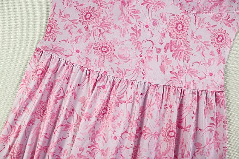 Abito Lungo Stampato a Linea A, Elegante con Scollo a V e Maniche a Sbuffo, in Tessuto Seta Latte, Stile Street Trendy Moda Europea