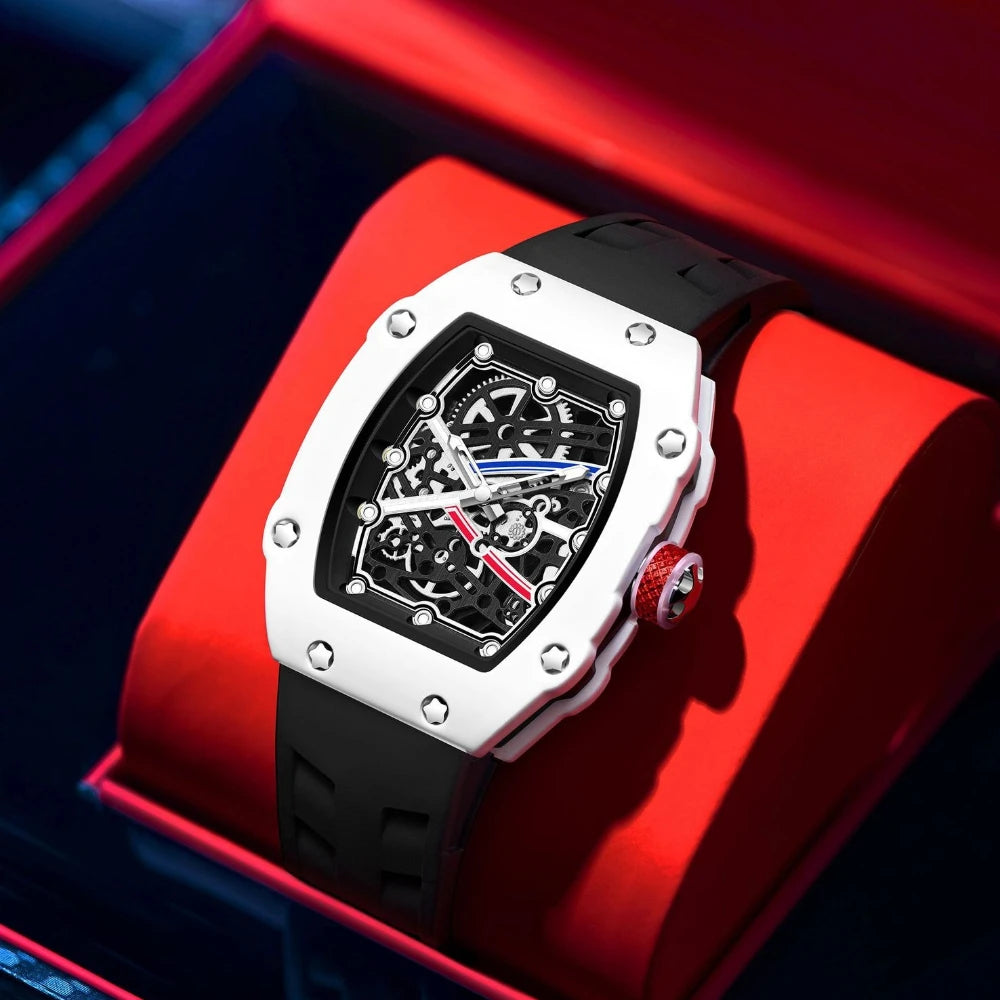 Orologio al Quarzo Ultra-Sottile Tonneau per Uomo, Design Creativo Bianco con Quadrante Cavo, Super Luminoso, Personalizzabile, Orologio AAA Relogio