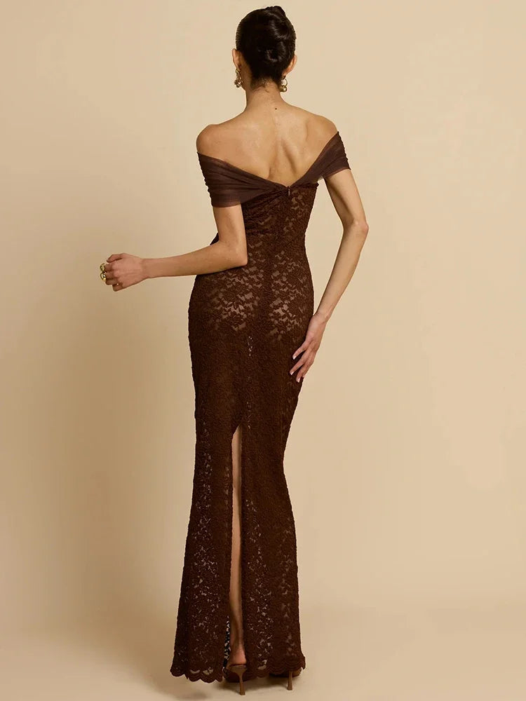 Abito lungo sexy senza schienale con spalle scoperte in pizzo Abito da donna Elegante abito da club aderente diviso senza spalline senza spalline