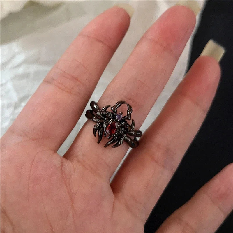 Anillos ajustables estéticos de corazón de cristal rojo irregular de apertura nueva para mujer, anillo gótico de araña animal, joyería creativa