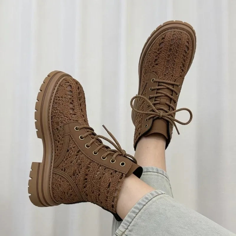 Scarpe Retrò da Donna, Stivali Estivi con Pizzo Traforato, Stivaletti alla Moda con Plateau, Scarpe di Lusso Firmate, Botas Mujer