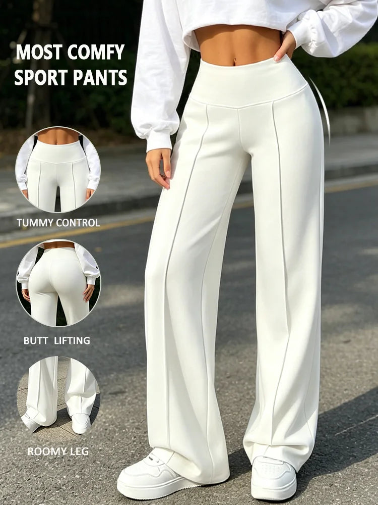 Pantaloni Eleganti da Donna Bianchi a Gamba Larga, Realizzati in Tessuto Resistente. Adatto per occasioni quotidiane o formali, allenamenti, yoga e sport.