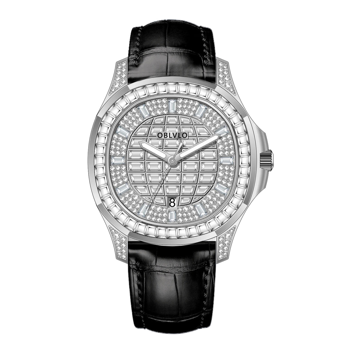 Orologio Quadrato di Lusso da Uomo OBLVLO con Movimento Meccanico Automatico, Diamanti Rosa, Cinturino in Silicone, Impermeabile FM-DSL