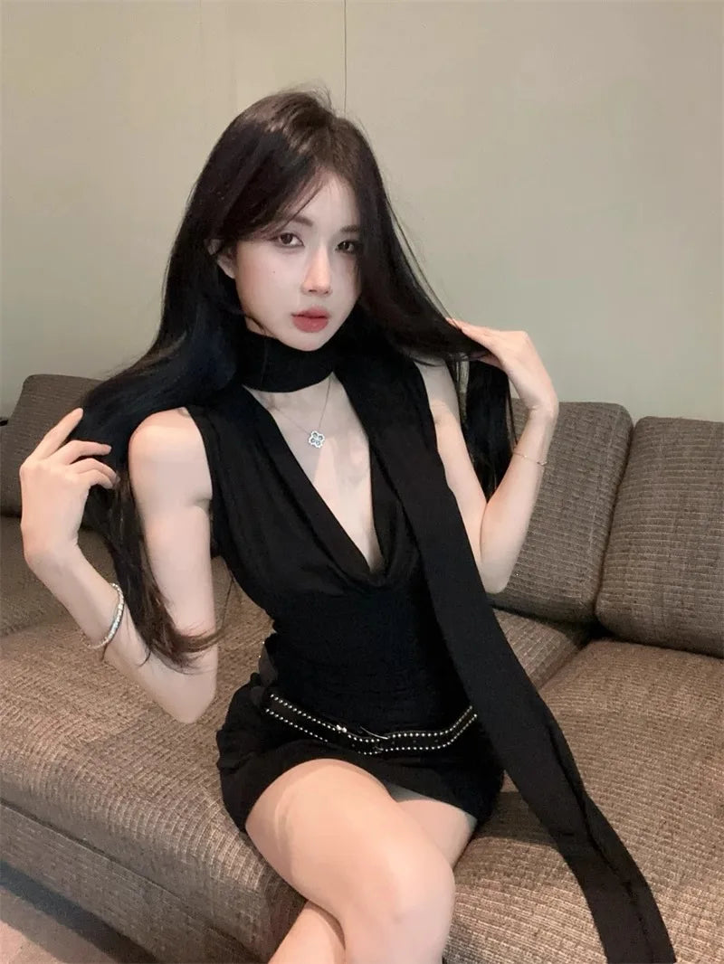 Mini abito estivo sexy nero in stile americano da donna, abito aderente senza maniche con scollo a fascia e vita alta, alla moda, sportivo e retrò