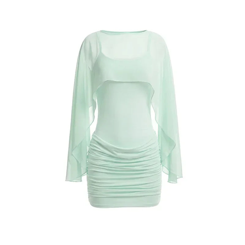 Mini Abito Sexy in Rete Trasparente da Donna, Outfit da Festa Y2K, Vestito Aderente Senza Maniche con Scollo Tondo per l'Autunno, Regalo per le Vacanze