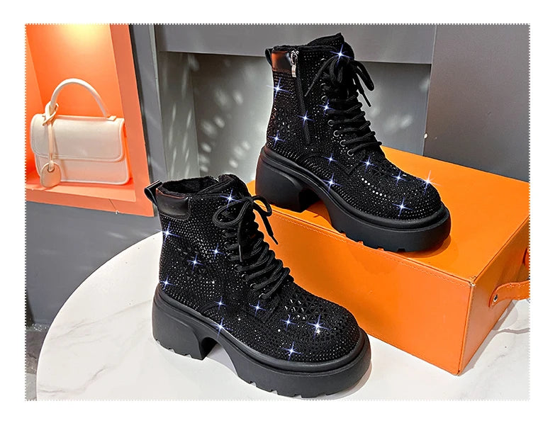 Stivaletti corti con diamanti con paillettes Donna Autunno Inverno Moda di lusso Stivali alti con tacco spesso Stivali stringati Scarpe casual da festa all'aperto