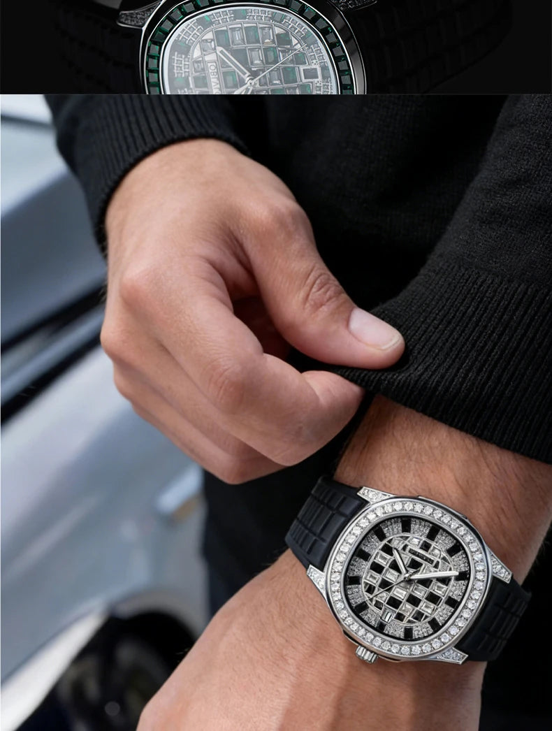 OBLVLO Orologio Automatico da Uomo alla Moda con Quadrante Impreziosito da Cristalli, Display Data, Lunetta con Pietre Baguette, Cinturino in Gomma FM-DSL