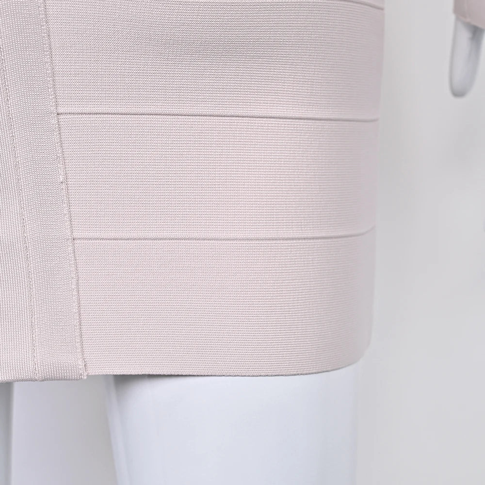 BEAUKEY Abito da Sera Sexy Mini con Scollo a V Profondo e Maniche Lunghe Beige, Vestito da Festa con Fasce, Abito da Clubwear Lungo Stile Runway