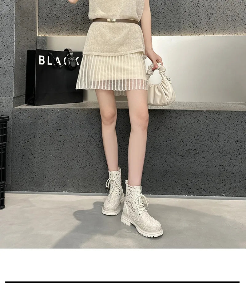 Scarpe Retrò da Donna, Stivali Estivi con Pizzo Traforato, Stivaletti alla Moda con Plateau, Scarpe di Lusso Firmate, Botas Mujer