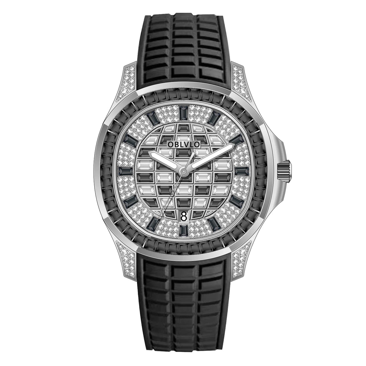 Orologio Quadrato di Lusso da Uomo OBLVLO con Movimento Meccanico Automatico, Diamanti Rosa, Cinturino in Silicone, Impermeabile FM-DSL