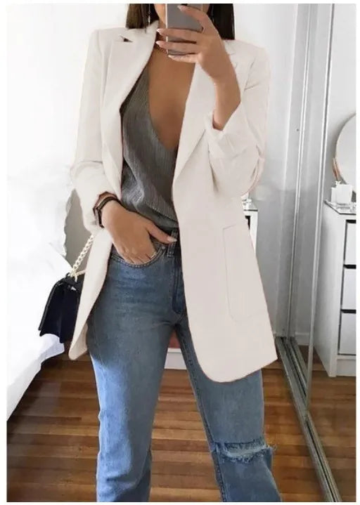 Blazer da Donna 2026 Nuovi Modelli a Maniche Lunghe Bianco Nero, Giacca Slim con Colletto a Risvolto, Blazer Femminile Q5596