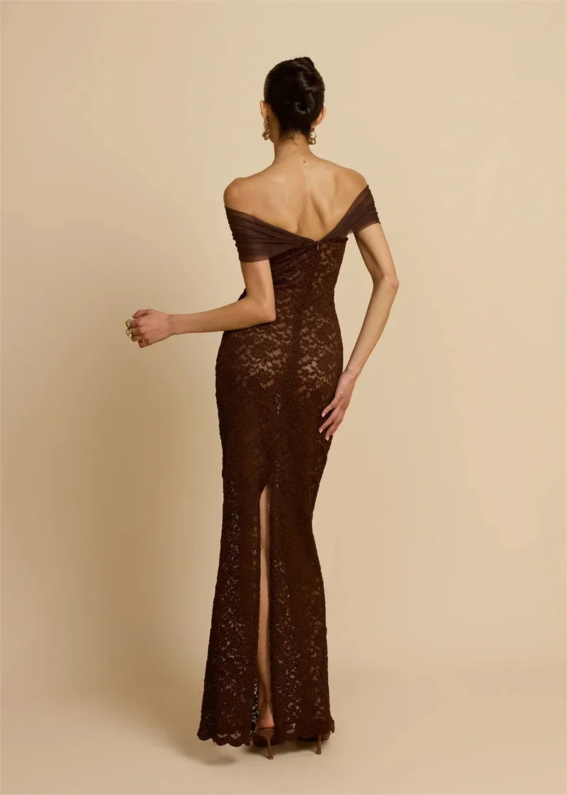 Abito lungo sexy senza schienale con spalle scoperte in pizzo Abito da donna Elegante abito da club aderente diviso senza spalline senza spalline