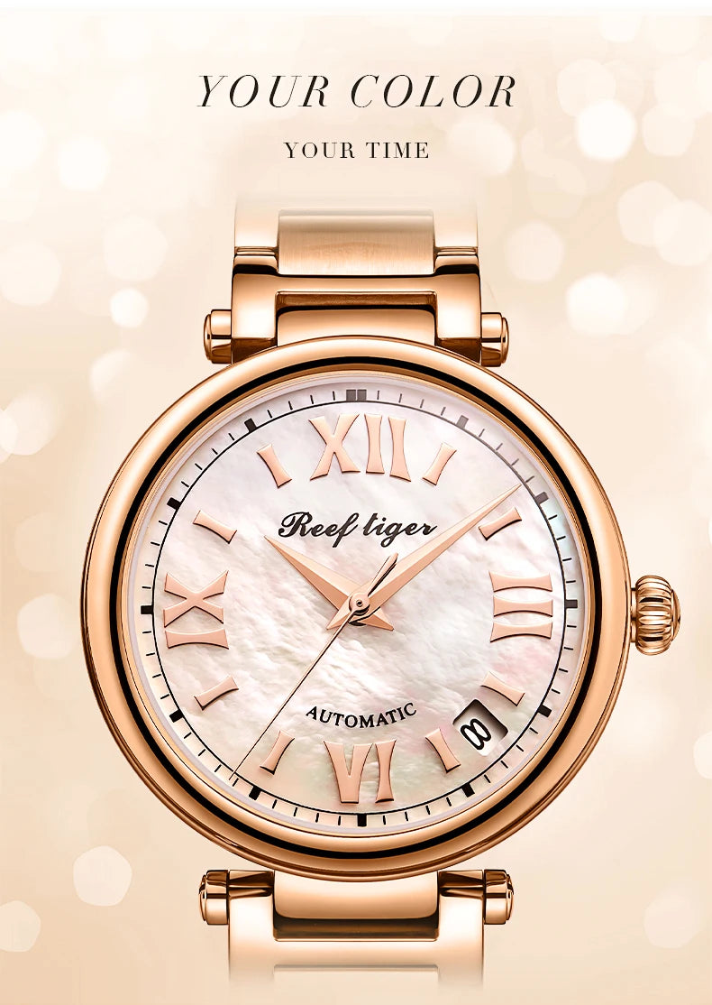 FolliFollie Orologio da donna automatico con quadrante in oro rosa e diamanti con numeri romani, cinturino in pelle, orologio da donna di lusso
