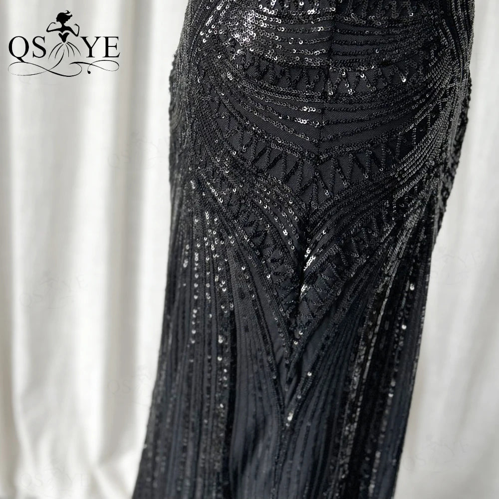 Abito da sera lungo nero semplice con paillettes, modello a sirena, spalline sottili, scollo a V, senza schienale, elegante per feste