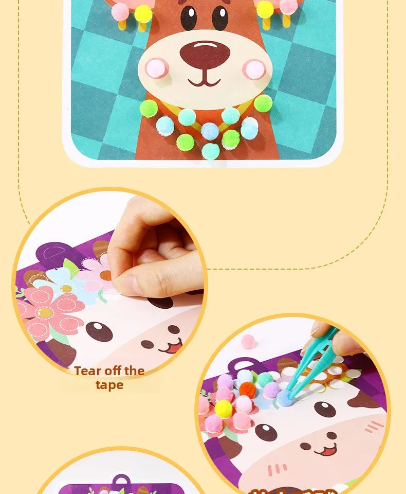 Handmade Material Children's Sticker Book Educational Early Learning Animal Pompom Art Kit Cartoon Montessori Pompom Crafts Toy