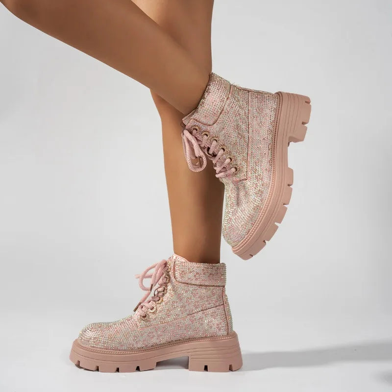 Stivaletti da Donna 2026 di Lusso con Strass e Lacci, Nuovi, Punta Tonda, Suola Spessa, Comodi, Stile Semplice, Scarpe Casual da Donna