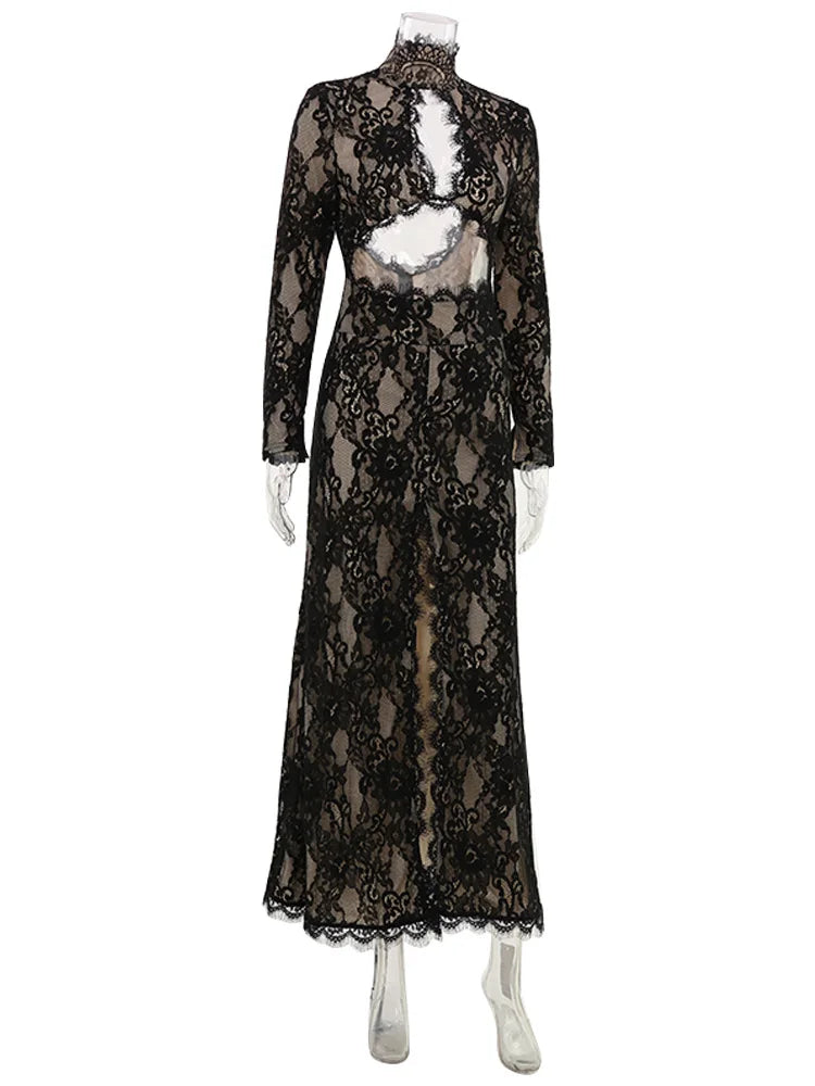 CNYISHE Abito da donna elegante e sexy con scollo a O, maniche lunghe, in pizzo traforato, vestito tubino attillato per serate e feste