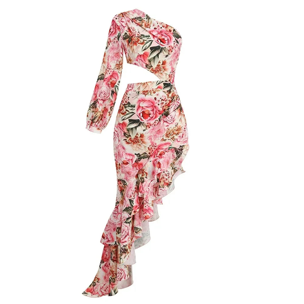 Abito Elegante e Sexy con Stampa Floreale, Orlo Asimmetrico, Collo Alto, Maniche a Palloncino, Lunghezza al Ginocchio