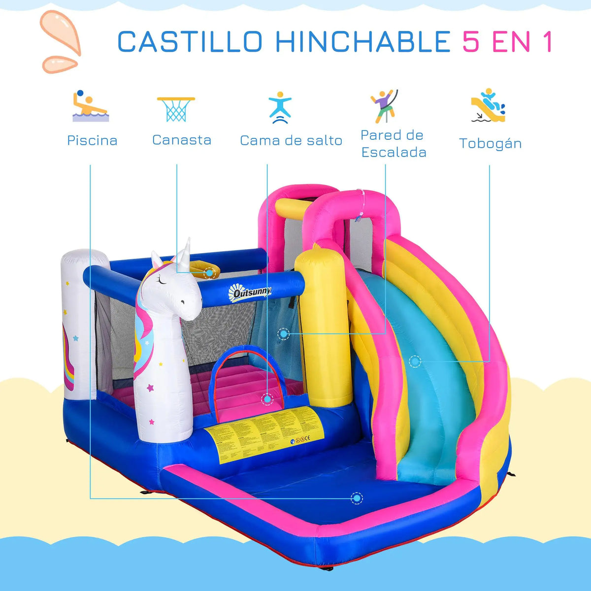 Castillo hinchable unicornio con soplador, tobogán, piscina y canasta de baloncesto 360x305x210cm