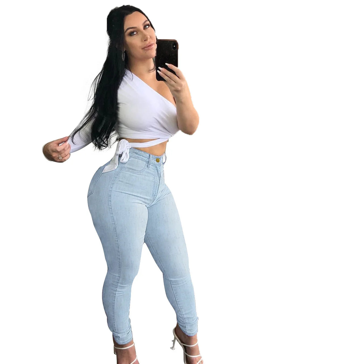 Jeans a Vita Alta da Donna 2026, Pantaloni Skinny Elasticizzati con Tasche, Effetto Consumato e Lavato, Lunghezza alla Caviglia, Stile Streetwear