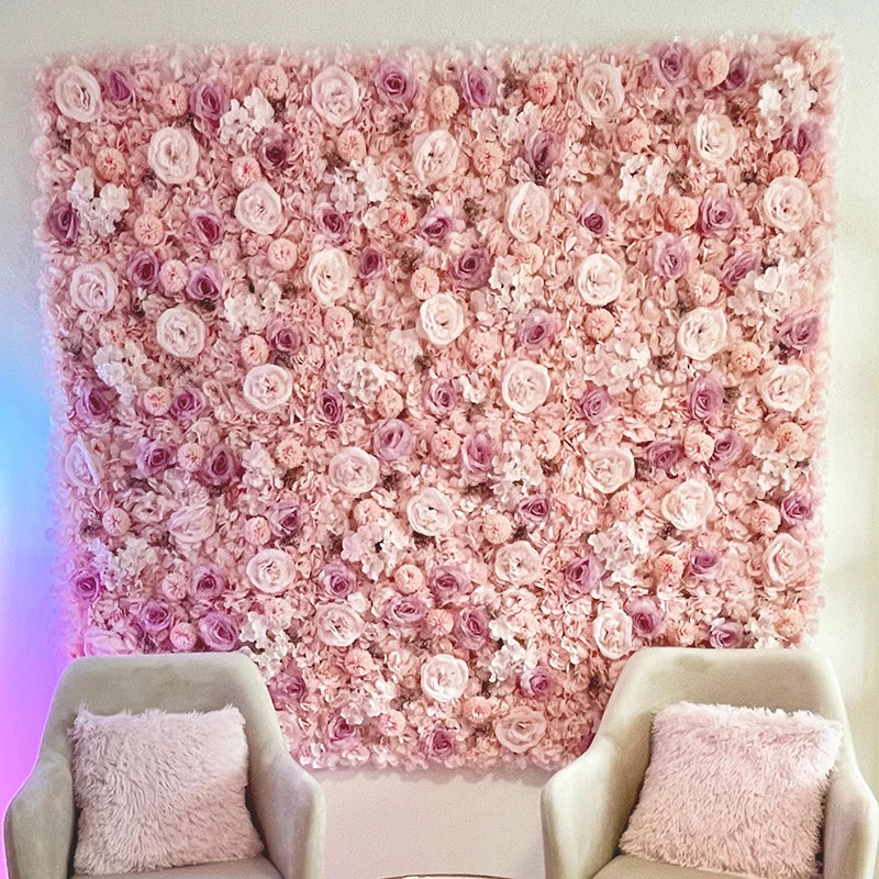Flores de pared de fondo de seda rosa, decoración de boda, panel de pared de flores artificiales personalizado para telones de fondo de decoración del hogar, baby shower