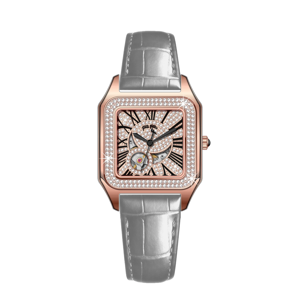 FolliFollie Orologio da donna automatico con quadrante in oro rosa e diamanti con numeri romani, cinturino in pelle, orologio da donna di lusso