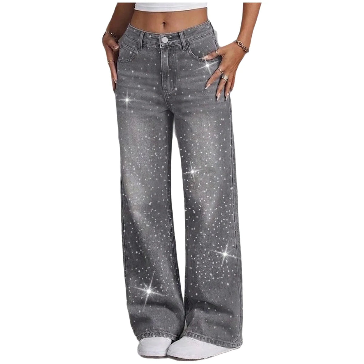 Jeans a Gamba Dritta con Strass Grigi, Pantaloni Lunghi e Larghi, Comodi e Casual in Stile Coreano, Jeans in Denim di Cotone