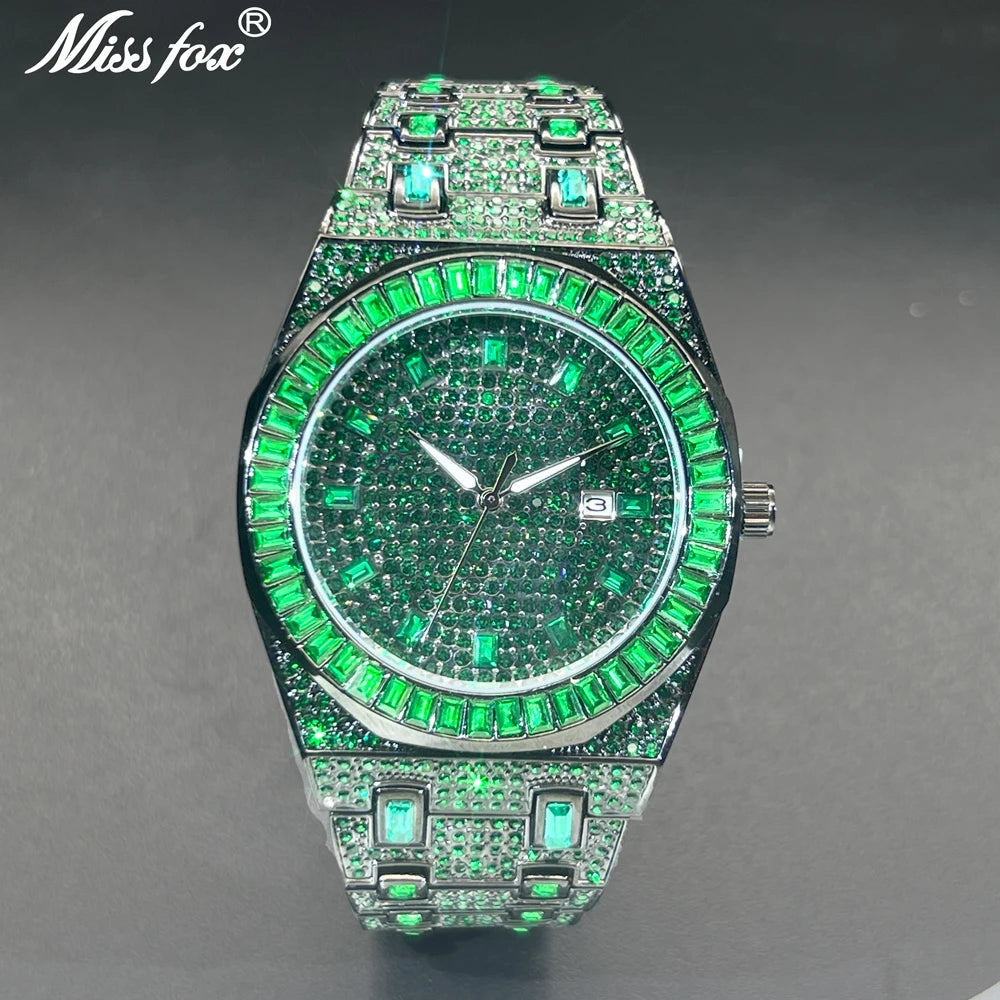 Nuovo orologio con diamanti verdi per uomo Orologi con diamanti Hip Hop di lusso Unico Bling Ice Out Luminoso impermeabile 2024 Orologio da polso per regalo