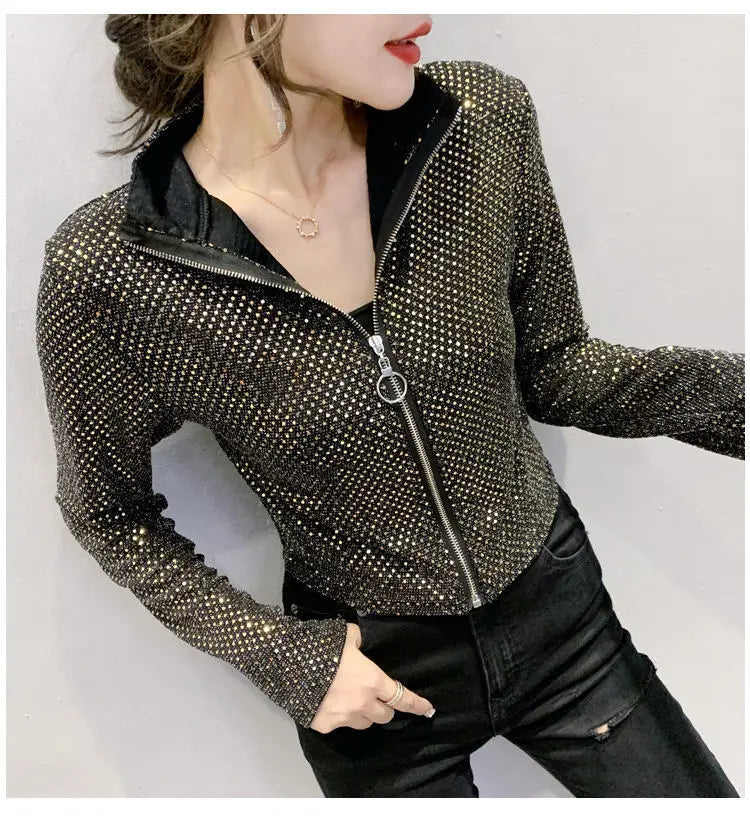 Giacca Autunnale da Donna, Nuova Giacca Corta con Paillettes, Moda Femminile, Manica Lunga, Design Elegante, Camicia Sexy