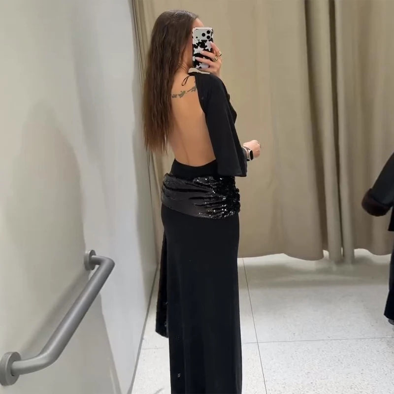 Sexy profondo scollo a V patchwork di pizzo con paillettes abito lungo da donna sottile senza maniche backless hip pacchetto abiti 2026 primavera abito da festa della signora