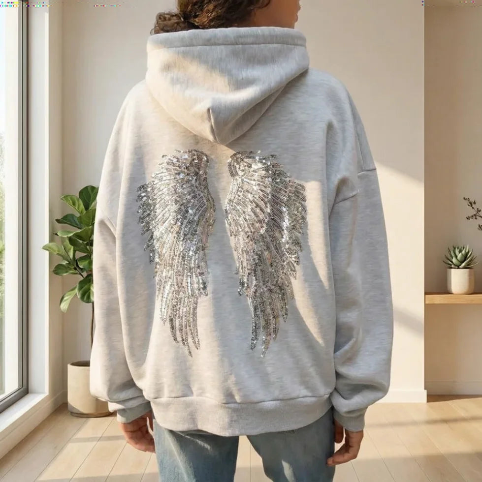 Felpa Oversize con Cappuccio Ricamata con Ali d'Angelo Luccicanti per Donne, Stile Y2K Retrò Grigio Casual