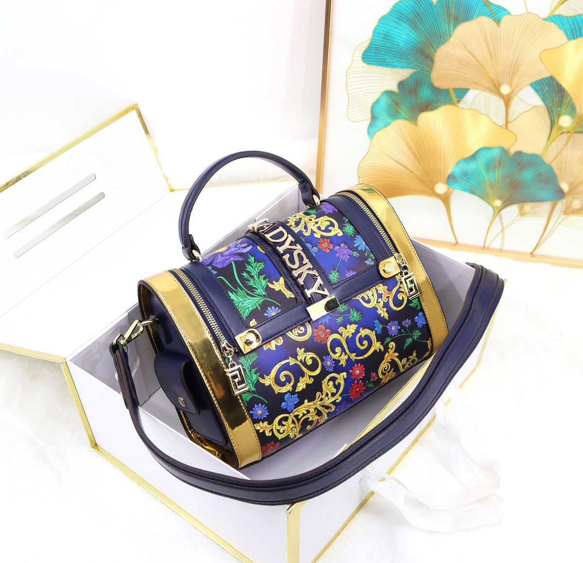 Borsa da donna con stampa di fiori e piante alla moda Borsa da donna con cuscino con cuciture intelligenti Borsa da donna di grande volume Borsa a spalla singola