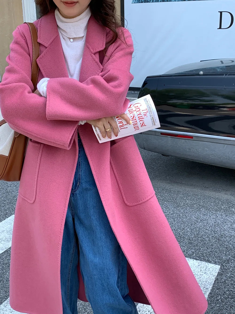2024 Donne di Inverno di Lusso Fatti A Mano Cappotti di Lana Double Face 100% X-Lunghi Cappotti di Design Coreano Delle Donne Della Tuta Sportiva Cappotti Rosa