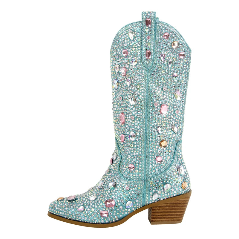 Stivaletti da Donna Stile Western con Strass e Gemme, Punta Rotonda, Neri e Blu, Stivali alla Moda con Cristalli