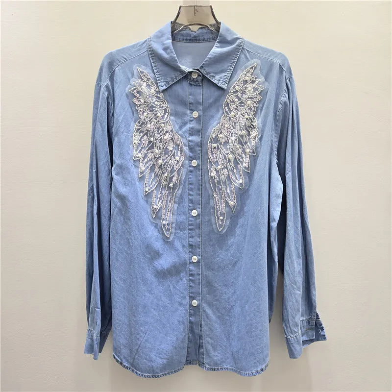 Camicia in denim elegante con paillettes e patchwork in rete, nuovo stile 2026 da donna, design con perline, maniche lunghe, streetwear, blusa ampia con risvolto