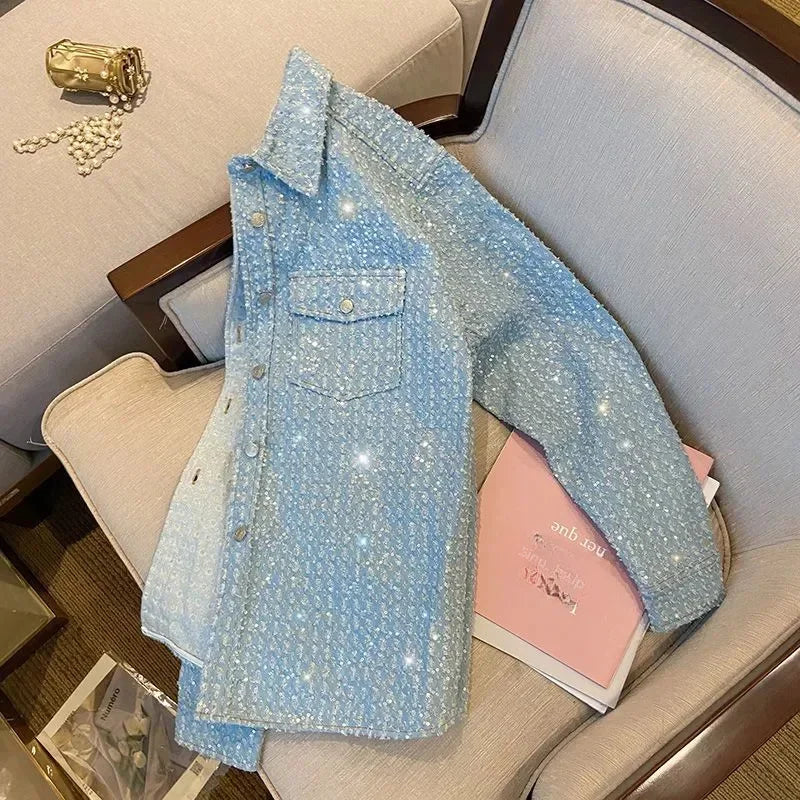 2024 primavera autunno nuovo cappotto donna industria pesante giacca blu femminile amanti della strada moda allentata tasca top camicia giacche