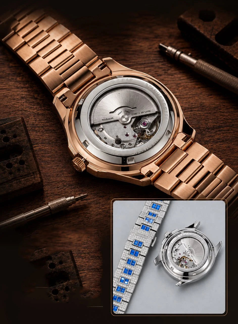 OBLVLO Orologio Automatico da Uomo 40mm Quadrato, Orologio da Polso Meccanico Impermeabile con Quadrante e Cinturino Incastonati di Cristallo, Vetro Zaffiro Luminoso