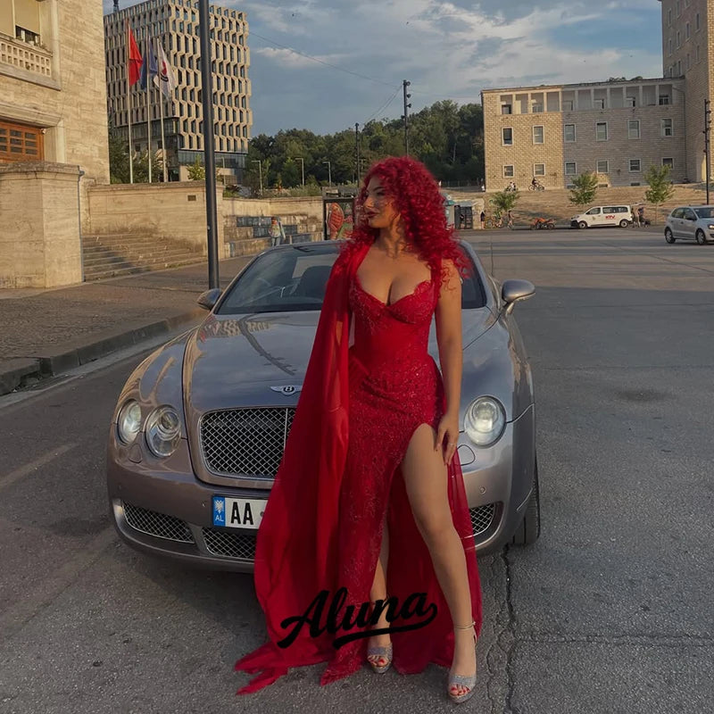 Abito da sera Aluna personalizzato 2026 rosso lucido a sirena con paillettes, scollo a cuore e spacco alto - Vestidos Robes De Soiree