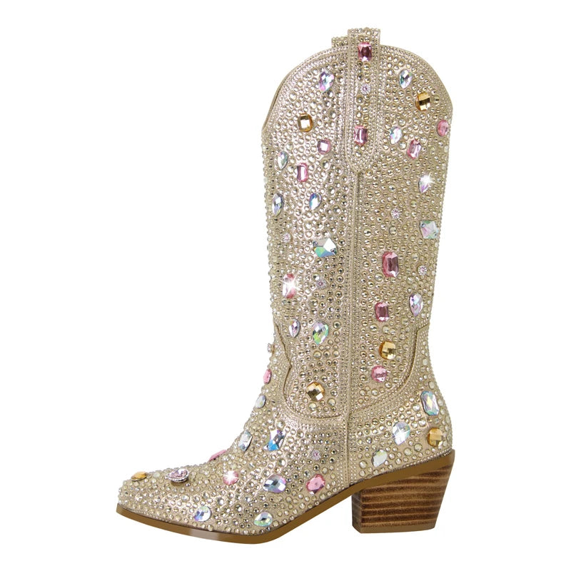 Stivaletti da Donna Stile Western con Strass e Gemme, Punta Rotonda, Neri e Blu, Stivali alla Moda con Cristalli