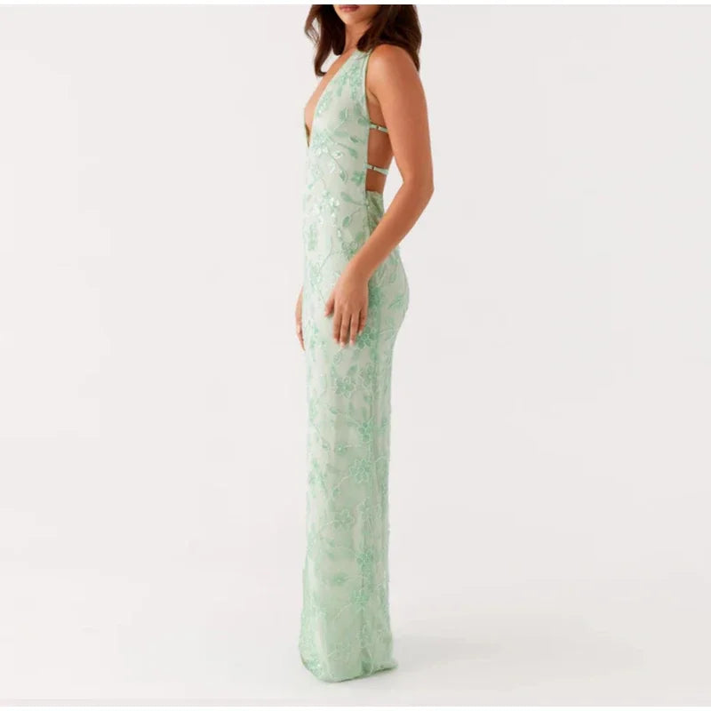 Abito da festa lungo ricamato da donna elegante Abito da festa femminile senza maniche con scollo all'americana sottile Abiti da festa estivi da donna