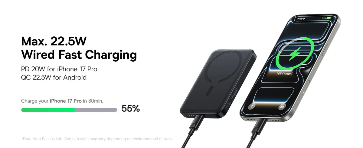 Baseus Power Bank Magnético de 22.5W 10000mAh Carga Rápida PD por Cable y Carga Inalámbrica de 15W Compatible con iPhone 17 Pro Max Samsung S26