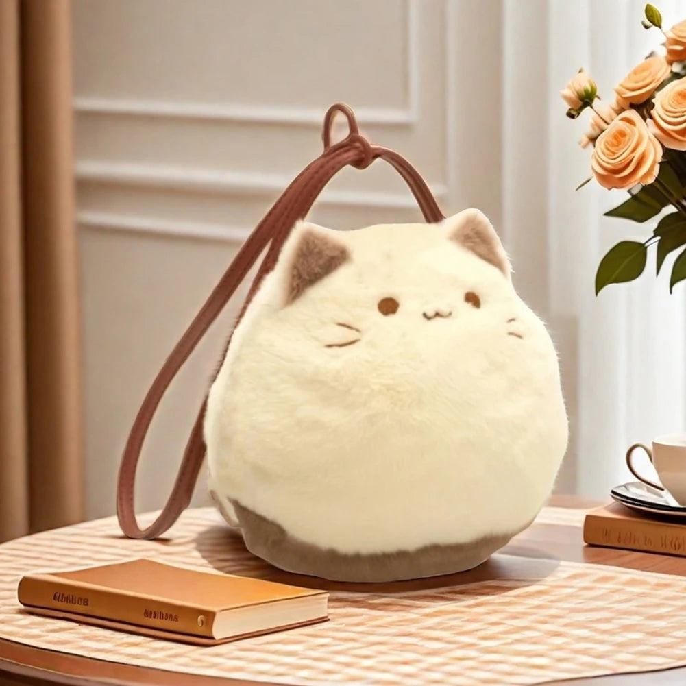 Cute Plush Cat Handbag Adorable Stuffed Animal Hand-Made Backpack Large Capacity Shoulder Bag Cartoon Daypack For Kids Girls